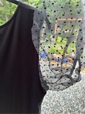 pebble and stone Black Top with Sheer Dot Puff Sleeve